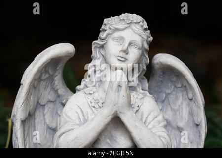 Betende Engelsfigur vor schwarzem Hintergrund auf einem Friedhof Stockfoto