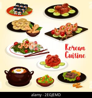 Koreanische Küche Mittagsmenü Ikone der traditionellen asiatischen Küche. Gemüse-Reis-Bibimbap, gegrilltes Rindfleisch bulgogi und Sushi-Rolle Kimbap, gebratene Garnelen, Schweinerippen Stock Vektor