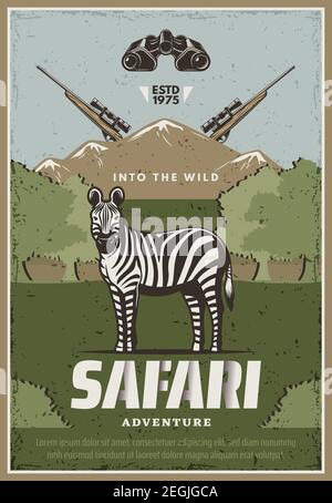 Safari Vektor-Poster mit Zebra und Gewehren, wilde Natur auf dem Hintergrund. Konzept des Abenteuers, in die Wildnis, Safari-Reise. Jagen und Reisen nach Afrika Stock Vektor