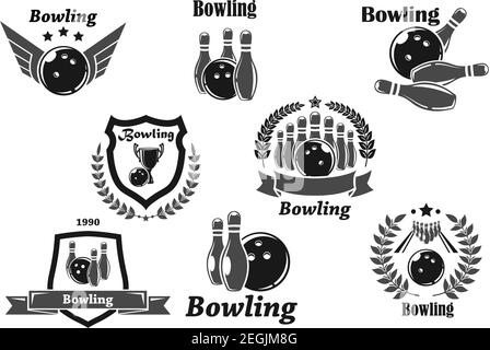 Bowling Abzeichen für Championship-Turnier Auszeichnungen Vorlagen von Bowling-Ball und Kittle Pins. Vektor-Symbole des Gewinners Pokal Preis oder Meister Band mit Stock Vektor