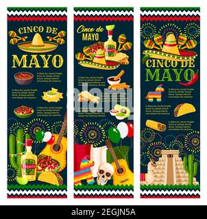 Cinco de Mayo Festival Grußbanner für mexikanische Feiertagsgestaltung. Lateinamerikanische Fiesta Party Essen und festliche Symbol der Sombrero Hut, ma Stock Vektor