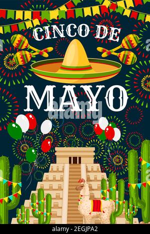 Cinco de Mayo Grußkarte für mexikanische traditionelle Festtage Party Feier. Vector sombrero und Mexiko Flagge Ballons auf Aztec oder Maya pyrami Stock Vektor