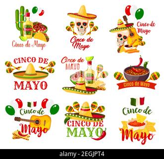 Cinco de Mayo beschriftet Vektor. Bundesfeiertag in Mexiko Cinco de Mayo. Verschiedene symbolische Zeichen mit Chili oder Hut, Maracas und Gitarre, Tequila und Limette Stock Vektor