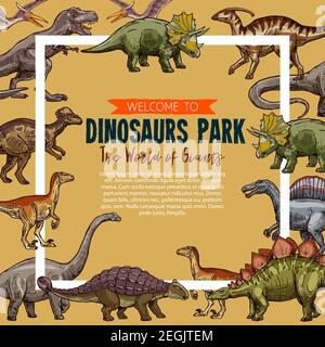 Dinosaurier Park Skizze Poster. Vector Jurassic Park Ausstellung von Dinosaurier Triceratops, t-rex Tyrannosaurus oder stegosaurus und Brontosaurus, pterodacty Stock Vektor