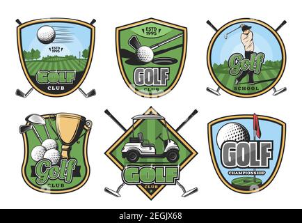 Golf Sport Club Retro Abzeichen Set. Golfspieler auf grünem Golfplatz vintage Ikone mit Verein, Ball und Loch, Fahnenstange, Wagen und Champion Trophäe Cup f Stock Vektor