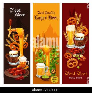 Bierbanner Set mit alkoholischen Getränken für Pub- und Bar-Menü-Vorlage. Bierflasche, Glas und Tankard von Lager und Ale Getränk, dekoriert mit Hopfen, Gerste A Stock Vektor