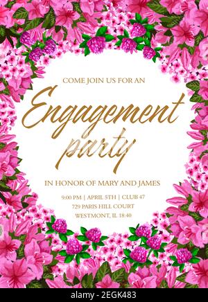 Einladung zur Verlobungsparty Vorlage mit Blumenrahmen. Frühlingsblumenrand aus rosa Phlox, Klee und Azaleen Blüte, grünes Blatt und Text-Layout in c Stock Vektor