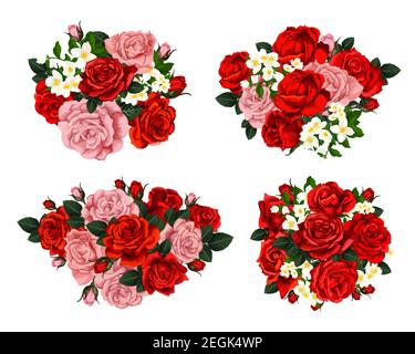 Vektor-Set von floralen Komposition mit rosa und roten Rosen. Bunte Frühlingsblumen mit grünen Blättern isoliert auf weißem Hintergrund. Set von floralen elemen Stock Vektor