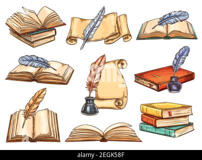 Bunte Skizzenbücher setzen Retro-Stil. Geöffnete und geschlossene Bücher, Feder, Tinte und Vintage-gelbes Papier. Handgezeichnete Vintage-Bücher isoliert auf weißem Rücken Stock Vektor