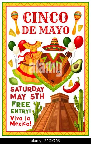 Cinco de Mayo mexikanische Party Einladung Flyer für Urlaub Fiesta. Vektor Cinco de Mayo Feier Mexiko Flagge Ballons, jalapeno Pfeffer oder Sombrero auf Stock Vektor