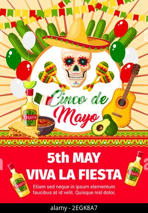 Cinco de Mayo Fiesta Feier oder Party Einladungskarte von Schädel in Sombrero und Gitarre. Vektor-Design von mexikanischen jalapeno Pfeffer, Kaktus oder Ballon Stock Vektor