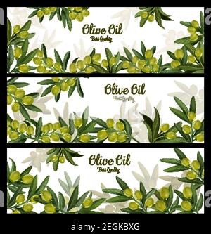 Olivenöl und grüne Oliven Vektor-Banner für Bio-Naturprodukt. Vektor-Design Olivenbaum Blätter und grüne Olivenfrüchte für Olivenöl extra virg Stock Vektor