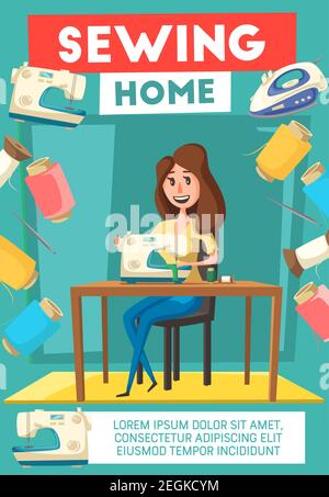 Frau Nähen mit Nähmaschine Banner. Hausfrau Nähen Kleidung zu Hause Cartoon-Poster, umrandet von Faden, Nadel und Eisen für Handarbeiten Hobby oder Hou Stock Vektor