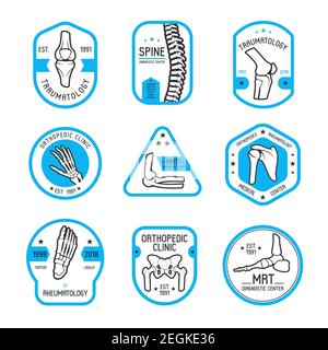 Traumatologie, Rheumatologie und orthopädische Klinik Etikett mit menschlichen Skelett Knochen und Gelenk. Hand, Bein, Wirbelsäule und Knie, Ellenbogen, Schulter, Becken und Fuß Stock Vektor