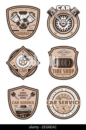 Car Service vintage Retro Symbol für Autoreifen Shop oder Mechaniker Reparatur-Center. Vector Schilder Satz von Auto-, Öl- oder Benzinkanister Motorkolben Stock Vektor