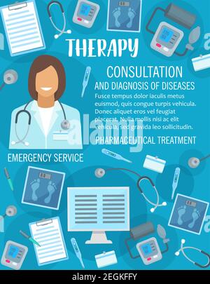 Medizinische Therapie und Arztberatung Poster für Klinik oder Gesundheitszentrum. Vektor-Design von Medikamenten und Gesundheitsdiagnose oder Krankheit pharmazeuti Stock Vektor