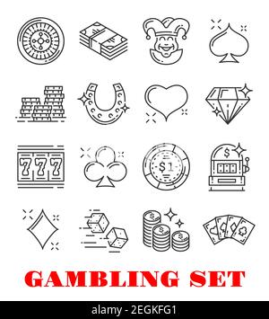 Glücksspiel Sport dünne Linie Symbol Satz von Casino und Kartenspiel-Design. Poker, Geld und Roulette, Würfel, Chip und Jackpot, Spielautomat, Goldmünze und Herz Stock Vektor
