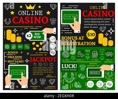 Online Casino oder Poker Karten spielen Plakate für Jackpot Glücksspiel. Vektor-Broschüre dünne Linie Kunst Design von Online-Casino-Poker-Würfel, Spielkarten Stock Vektor