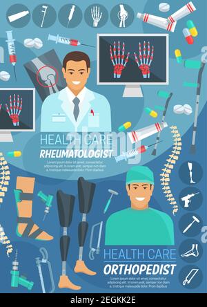 Orthopädie und Rheumatologie Medizin Banner mit Rheumatologen und orthopädischen Chirurgen. Arzt in Uniform mit Pille, Spritze und Medikament, Instrument, bo Stock Vektor