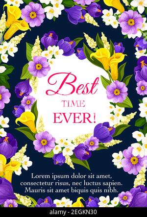 Happy Mothers Day Grußkarte mit Frühlingswünschen und Blumenstrauß für den saisonalen Mutterurlaub. Vektor Bouquet von blauen Krokussen und Veilchen Blumen Stock Vektor