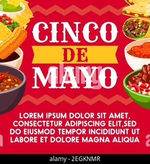 Cinco de Mayo mexikanische Feier Grußkarte der traditionellen Speisen. Vector mexikanische Fajitas oder Nachos und Tortillas mit Maulwurfsauce, Churro Gebäck und Stock Vektor