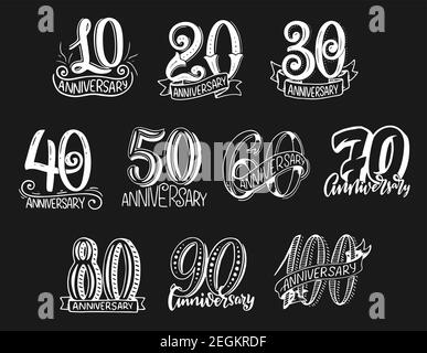 Jubiläums-Nummern-Schriftzug für Happy Birthday Grußkarte. Vektor-Doodle Skizze Design Set von 10 bis 100 Jahrestag Altersnummern mit Bändern und Stock Vektor