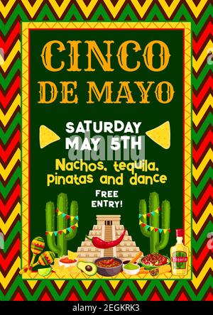 Cinco de Mayo mexikanische Feiertagsfeier oder Fiesta Einladung Eintrag Flyer Design Vorlage. Vektor-Design von Mexiko-Fahnen auf Azteken Pyramide, Kaktus und Chili Stock Vektor