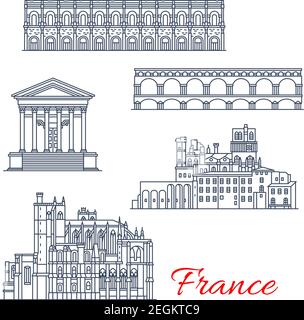 Frankreich berühmte Reise Architektur Wahrzeichen Ikonen. Vector historische französische Gebäude Linie Fassaden von Saint Nazaire und nur Kathedralen in Narbonne, G Stock Vektor