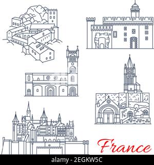 Frankreich berühmte Reise Wahrzeichen Gebäude Linie Symbole. Vektor-Set von Saint-Martin Abtei in Tours, Carcassonne und Saint-Emilion Monolithische Kirche und Pal Stock Vektor