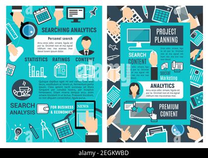 Serch und analytische Infografik Design. Web Analytics Design, Statistiken, Bewertungen und Content-Konzept. Webanalyse, Daten, Informationsanalyse, Premi Stock Vektor