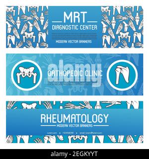 Medicine Banner-Set von Rheumatologie und orthopädische Klinik Vorlage. Menschliche Skelettanatomie Knochen und Gelenk mit Hand, Knie und Fuß, Becken, Schulter A Stock Vektor
