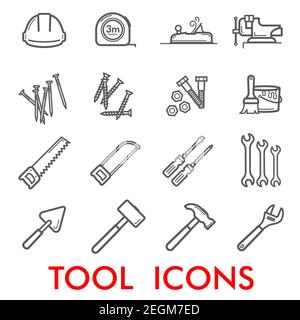 Werkzeuge dünne Linie Kunst Symbole für Hausreparatur und Bau. Vektor-Satz von Maßband Lineal oder Holzschleifer und Schraubstock, Nägel und Schrauben oder Farbe b Stock Vektor