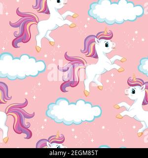 Nahtlose Vektor-Muster mit niedlichen Zeichentrickfigur Einhorn mit Wolken und funkeln. Bunte Illustration isoliert auf rosa Hintergrund. Für den Druck, t-s Stock Vektor