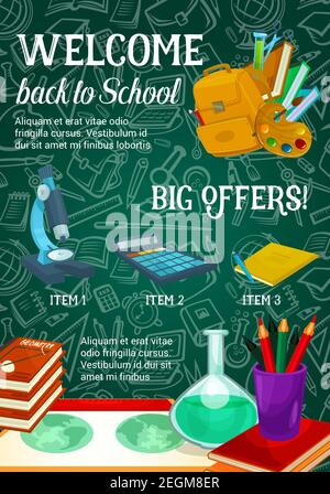 Willkommen Back to School Verkauf Poster der Schule und Lektion Schreibwaren Muster auf grünen Kreidetafel. Vektor Schultasche, Buch oder Notizbuch und Mathematik ca. Stock Vektor