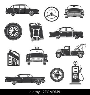 Retro-Autos und Oldtimer-Konzept-Ikonen. Vector isoliert Satz von Retro Taxi Kabine oder Lader LKW, Tankstelle und Motor Ölkanister oder tir Stock Vektor