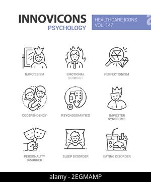 Psychologie Konzept - Linie Design Stil Icons gesetzt. Psychische Gesundheit und psychische Probleme. Narzissmus, Kodependenz, Psychosomatik, Imposter-syndrom Stock Vektor