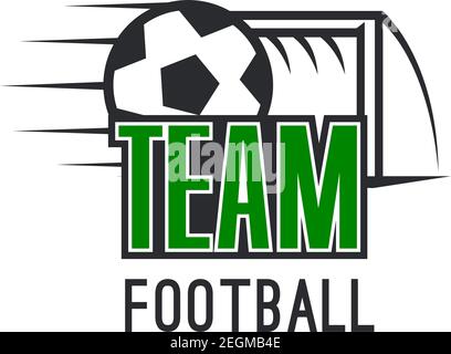 Modernes Zeichen für Fußball-Liga. Abzeichen des Fußballvereins in den Farben grün, schwarz und weiß. Ball ist Symbol des Fußballspiels. Vorlagendesign für Stock Vektor