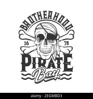 Piraten Totenkopf T-Shirt Print, Kopf aus Skelett mit Augenklappe und Bandana, Kreuzknochen Flagge. Pirat Bruderschaft Zeichen des Schädels auf Wasserwellen, Meer korsaren Stock Vektor