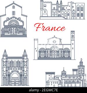 Frankreich berühmte Reise Wahrzeichen Gebäude und Avignon Architektur Sehenswürdigkeiten Linie Symbole. Vektor-Set von Saint Gilles und St. Trophime Kirche in Arles, P Stock Vektor