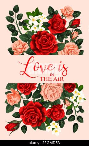Romantisches Banner mit Rosen. Liebe ist in der Luft Konzept. Grußkarte zum Valentinstag. Florales Dessin mit roten und orangen Rosen und weißem Flo Stock Vektor