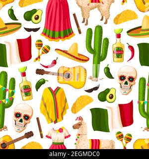 Cinco de Mayo Hintergrund mit mexikanischen Urlaub Symbole nahtlose Muster. Fiesta Party Sombrero, Pfeffer und Maracas, Kaktus, Tequila und Limette, Mexiko fl Stock Vektor