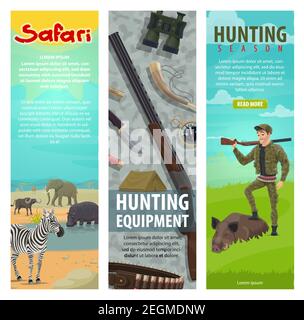 Jagd Open Season Banner für Safari Jäger Club von Jagdausrüstung. Vektor-Flachdesign von Jäger in Wald oder Afrika mit Gewehr, Fernglas und Stock Vektor