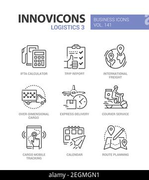 Logistik - bunte Linie Design Stil Icons gesetzt. Lieferservice, Frachtversand Idee. IFTA-Rechner, Reisebericht, internationale Fracht, Kurier, Stock Vektor