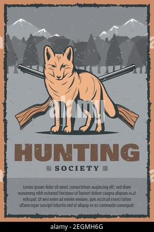 Jagdverein oder Jägergesellschaft vintage Plakat von Schneefuchs in den Bergen und gekreuzten Gewehr. Vector Retro-Design für wilde Jagd Abenteuer in Wald o Stock Vektor