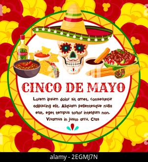 Cinco de Mayo mexikanische Feier Grußkarte von Schädel in Sombrero und traditionelle Lebensmittel oder Tequila. Vector Design von Churros Gebäck, Fajitas und tac Stock Vektor