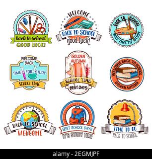 Willkommen Zurück zur Schule Symbole oder Abzeichen Design-Vorlage von Schultasche und Unterricht Bildung Briefpapier. Vektor Skizze Satz von Schulbuch oder Notizbuch und Stock Vektor