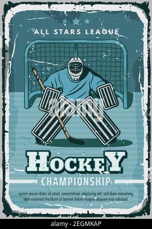 Hockey Sport Retro Poster. Vector Vintage-Design von Eishockey-Spieler oder Torwart auf Eisbahn im Outfit mit Puck und Hockey-Stick für Liga-Team-Champion Stock Vektor