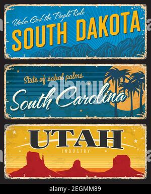 Utah, South Dakota und Carolina Staaten schäbige Platten. Amerika Region retro Zeichen, alte Plakette mit Berggipfeln, Palmen und Grand Canyon, vintage Stock Vektor