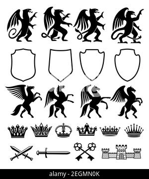 Wappenschild und Wappenzeichen des Pegasus-Pferdes, Griffin-Vogel oder -Tier mit Schild, Kronen und Sternen. Vector isolierte sie Stock Vektor