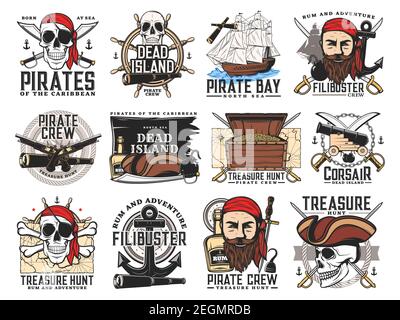 Pirates Island, Schatzsuche Abenteuer und Filibuster Crew Embleme. Piratenbärte Gesicht und Schädel, Brust mit Gold, buccaneer Säbel, Pistolen und Dose Stock Vektor